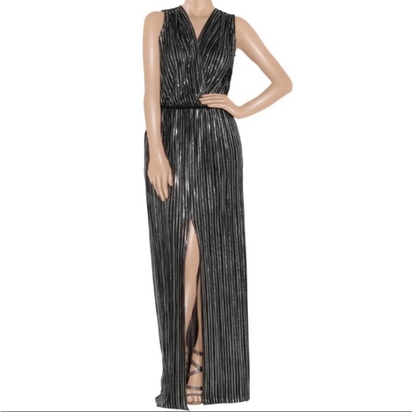 L’Agence Pleated Metallic Silver Black Satin Maxi Dress L Sexy Maximalist Disco - Picture 16 of 16